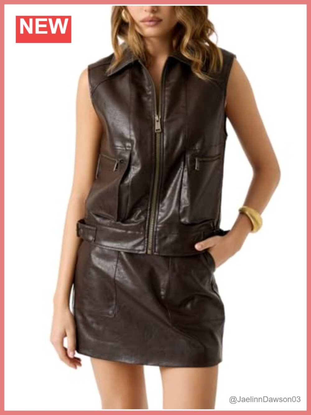 Faux Leather Zip Front Vest Sleeveless Utility Waistcoat